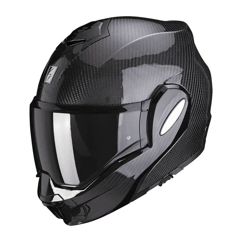 Scorpion Exo-Tech Evo Carbon motorhelm in glanzend zwart met geavanceerd design en lichtgewicht carbon constructie.