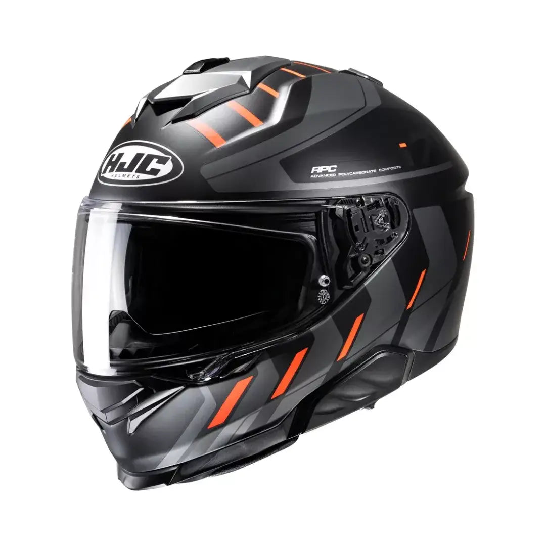 HJC i71 Simo integraalhelm in zwart en oranje met sportief design en geïntegreerd zonnevizier.