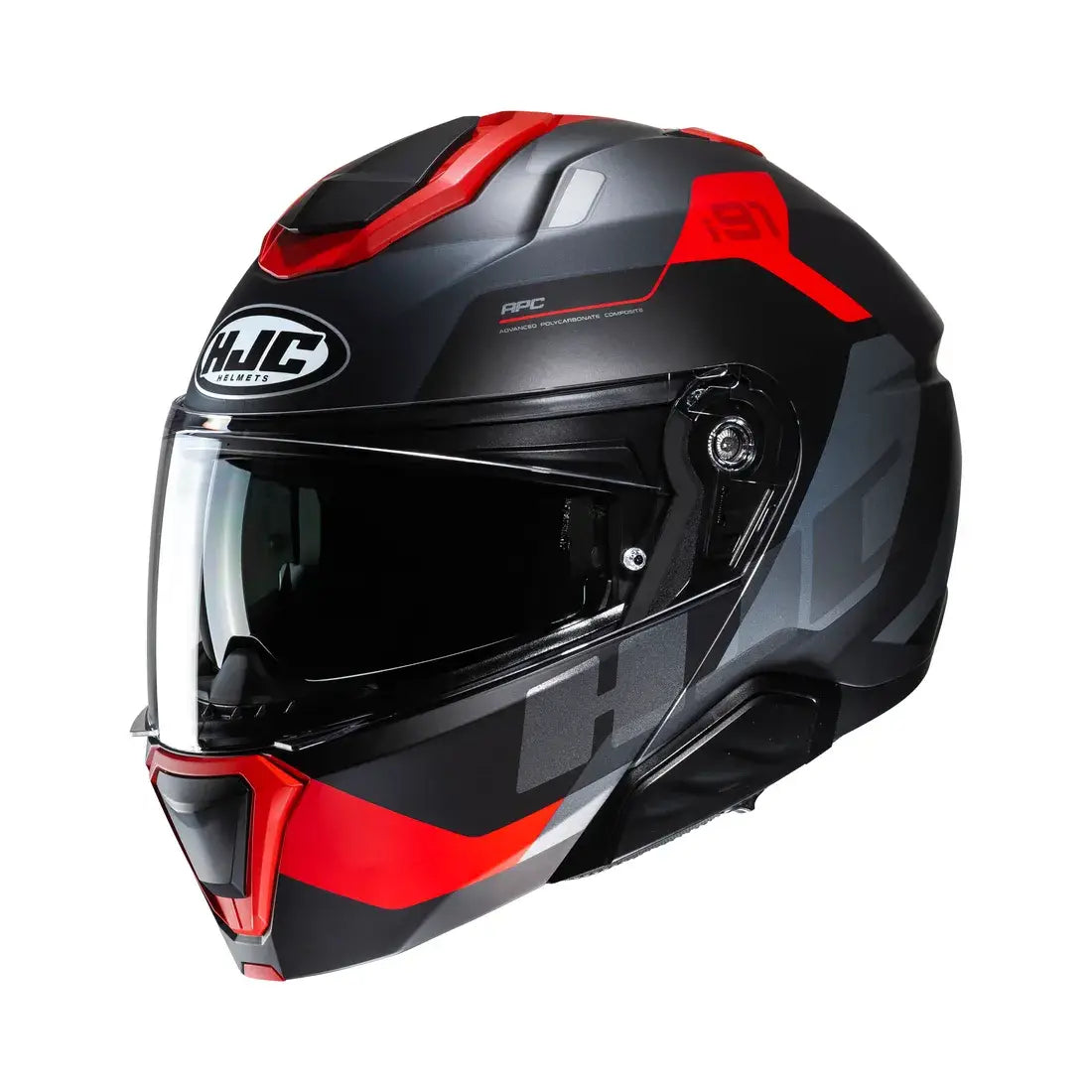 HJC i91 Carst systeemhelm in zwart en rood met opklapbare kinbalk en sportief design.