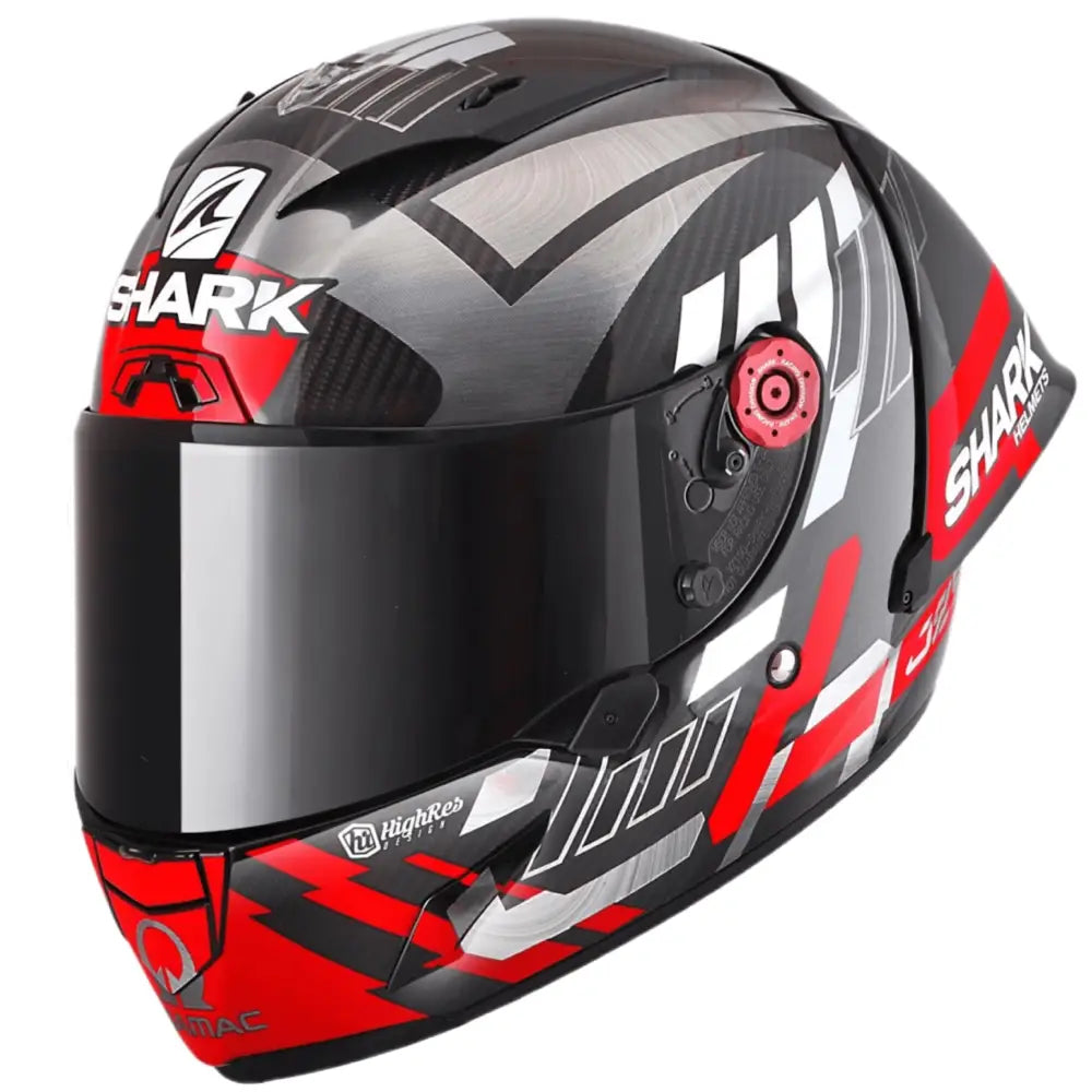Shark Race-R Pro GP Replica Zarco Carbon Chrom Red motorhelm met ultralicht carbonvezel design en aerodynamische spoiler.