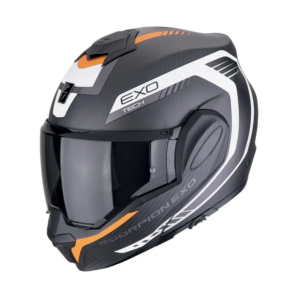 Scorpion Exo-Tech Evo Carbon Cosy Matt Black-Orange motorhelm met carbon constructie en modulaire functionaliteit