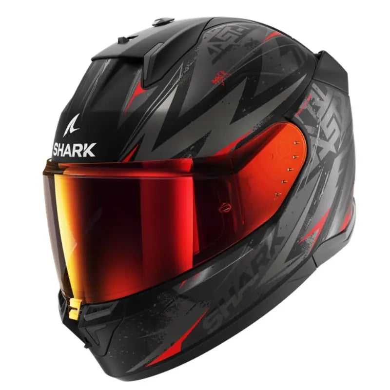 Shark D-Skwal 3 Blast-R motorhelm in mat zwart met antraciet en rode accenten, aerodynamisch en stijlvol ontwerp.