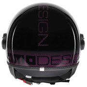 Momo FGTR Classic Stripes jethelm in Glossy Black Fuxia met opvallende accenten en retro-modern design.