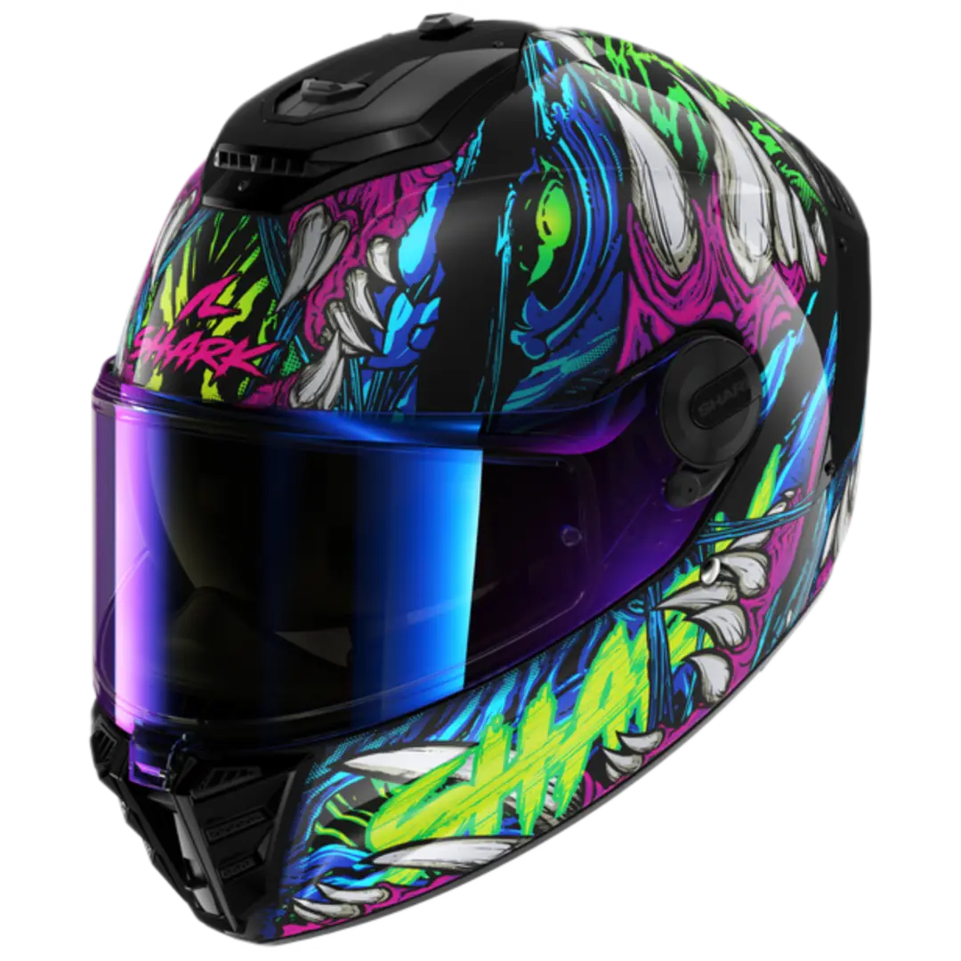 Shark Spartan RS Shaytan motorhelm in Black Green Violet met modern design en hoogwaardige bescherming.
