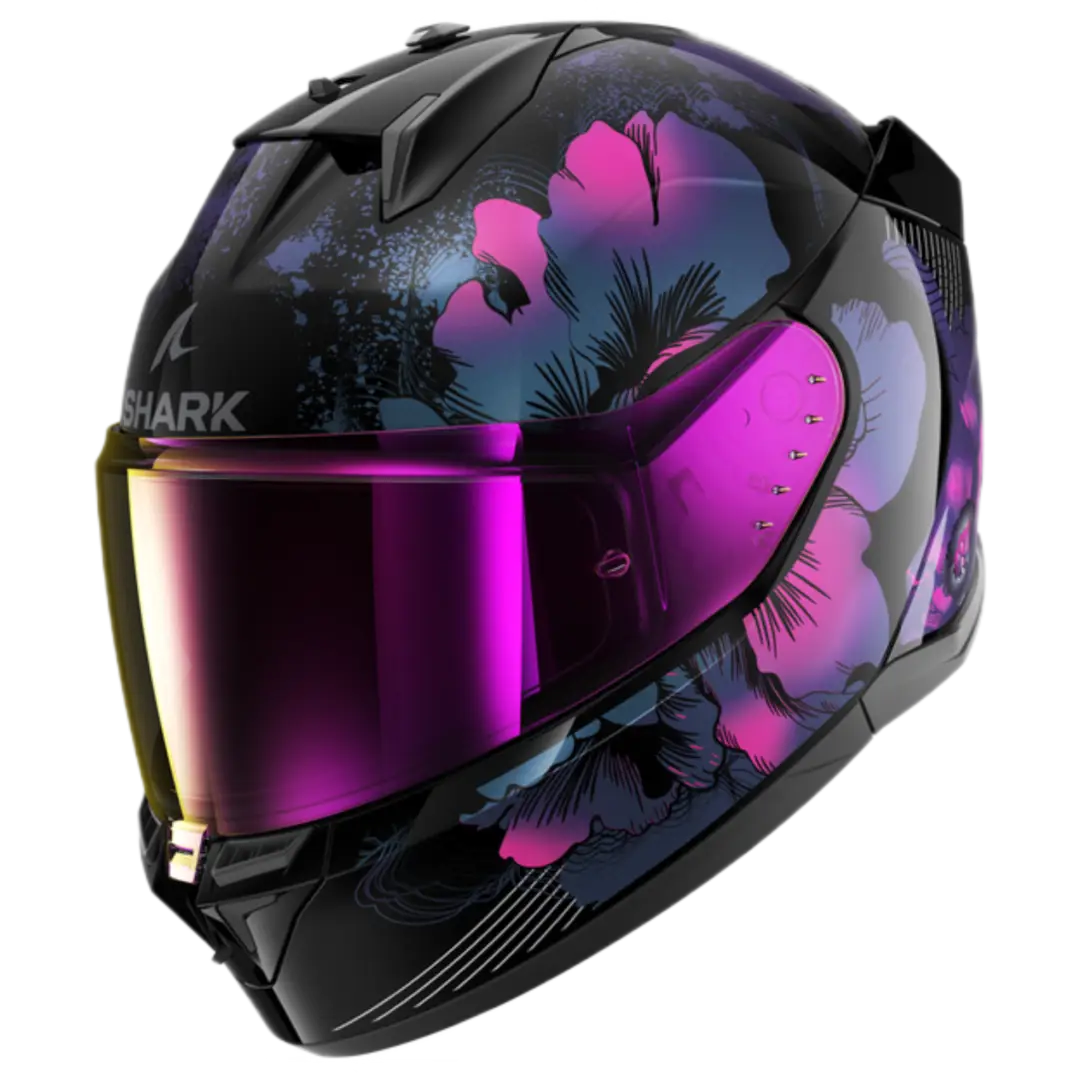 Shark D-Skwal 3 Mayfer motorhelm in zwart met paarse glitter accenten en modern design.